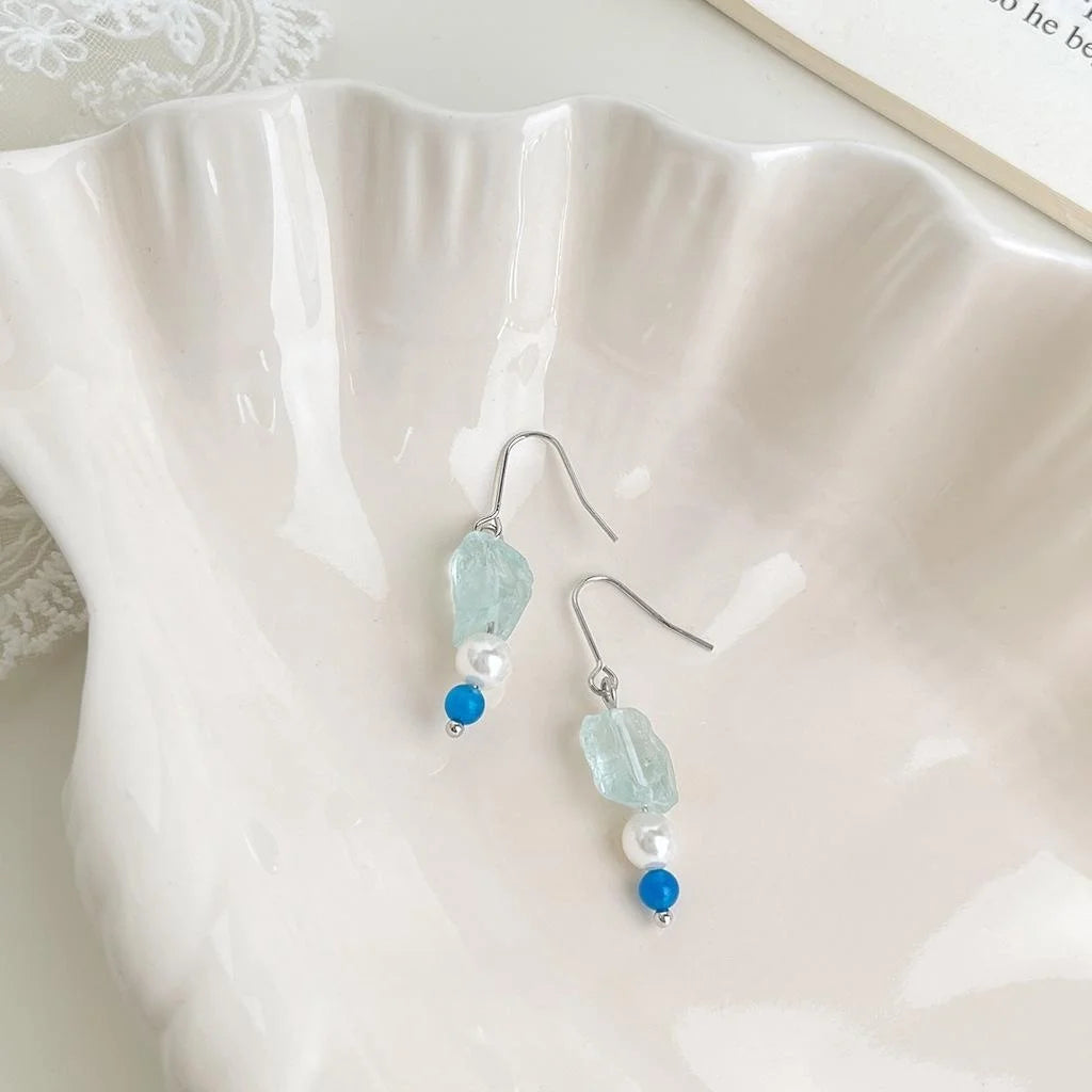 Handmade Irregular Blue Crystal Natural Stone Glass Pearl Drop Earrings For Beach Vacation