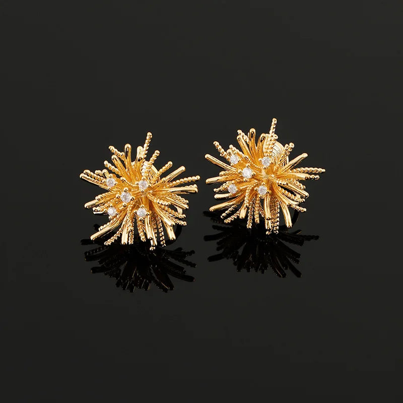 Elegant Gold Alloy Firework Starburst Rhinestone Stud & Clip On No Piercing Statement Earrings