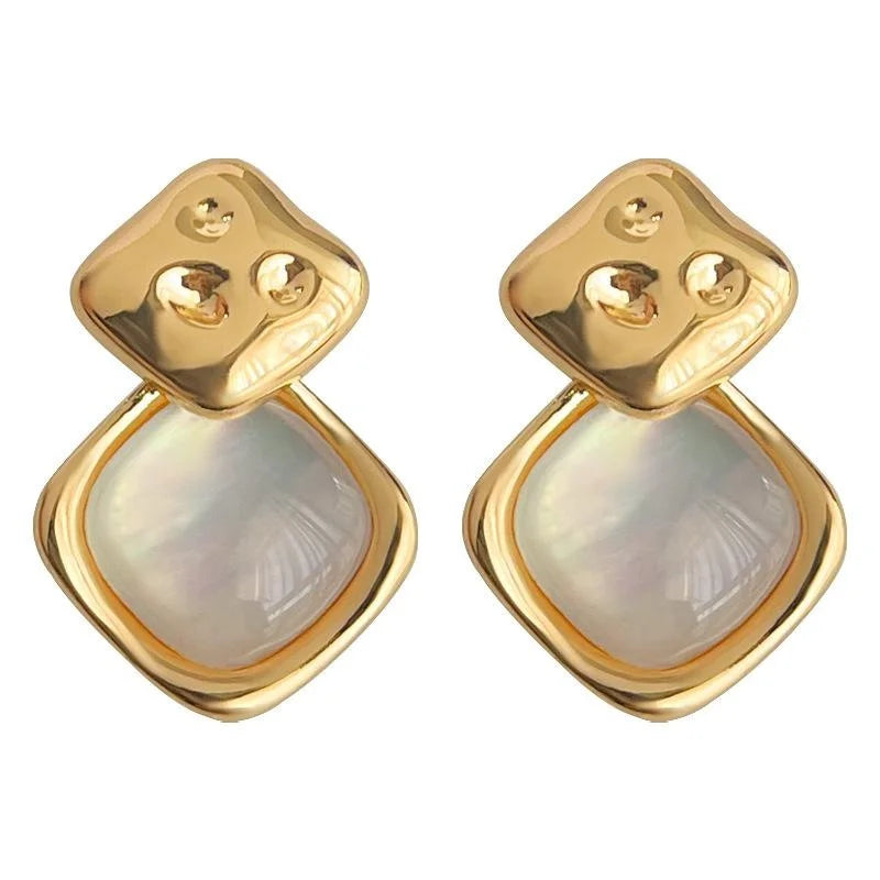 French Vintage Genuine Shell Geometric Square Copper Stud Earrings For Women