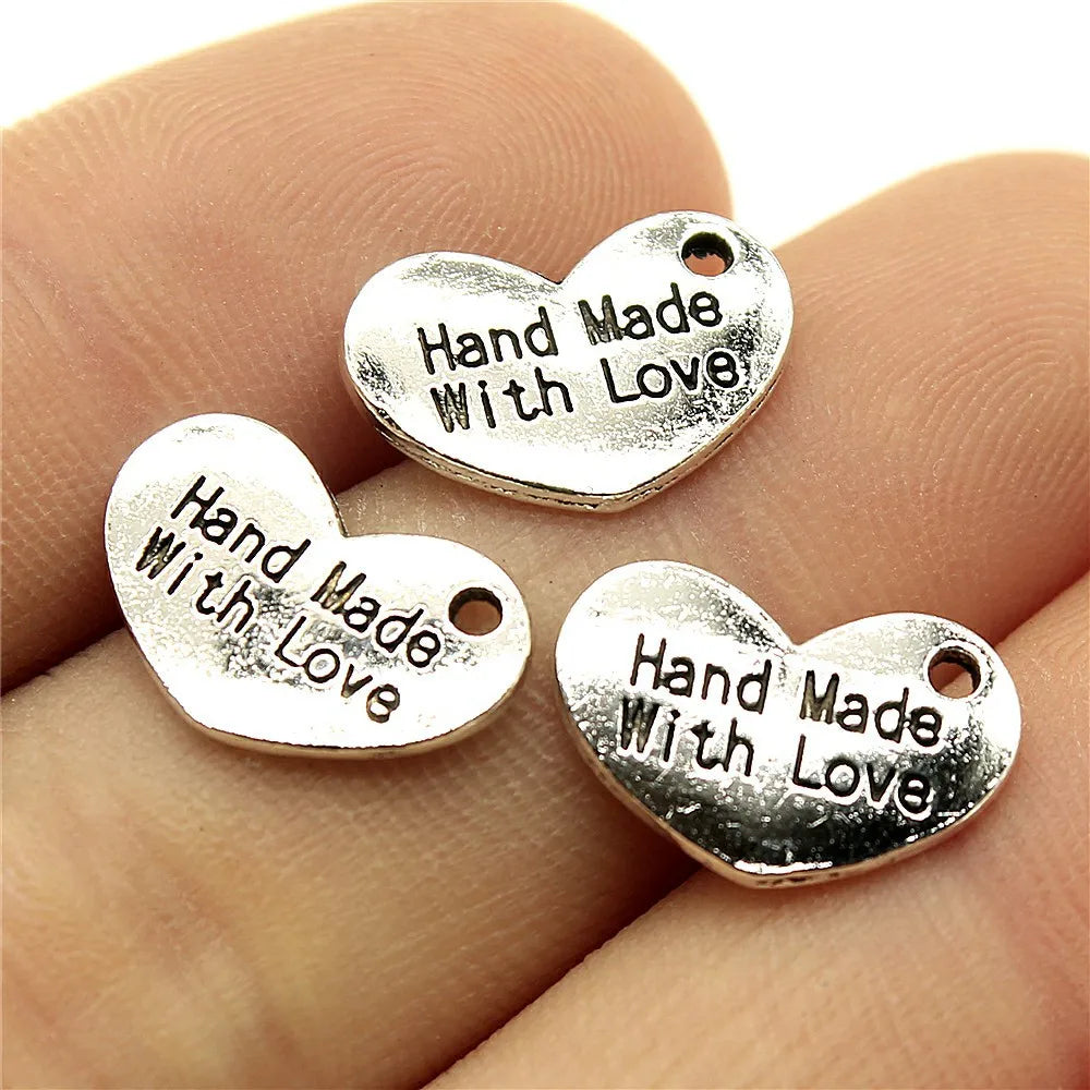 15x10mm 0.9g Zinc Alloy Handmade with Love Heart Charm Pendant for DIY Bracelet Necklace Making