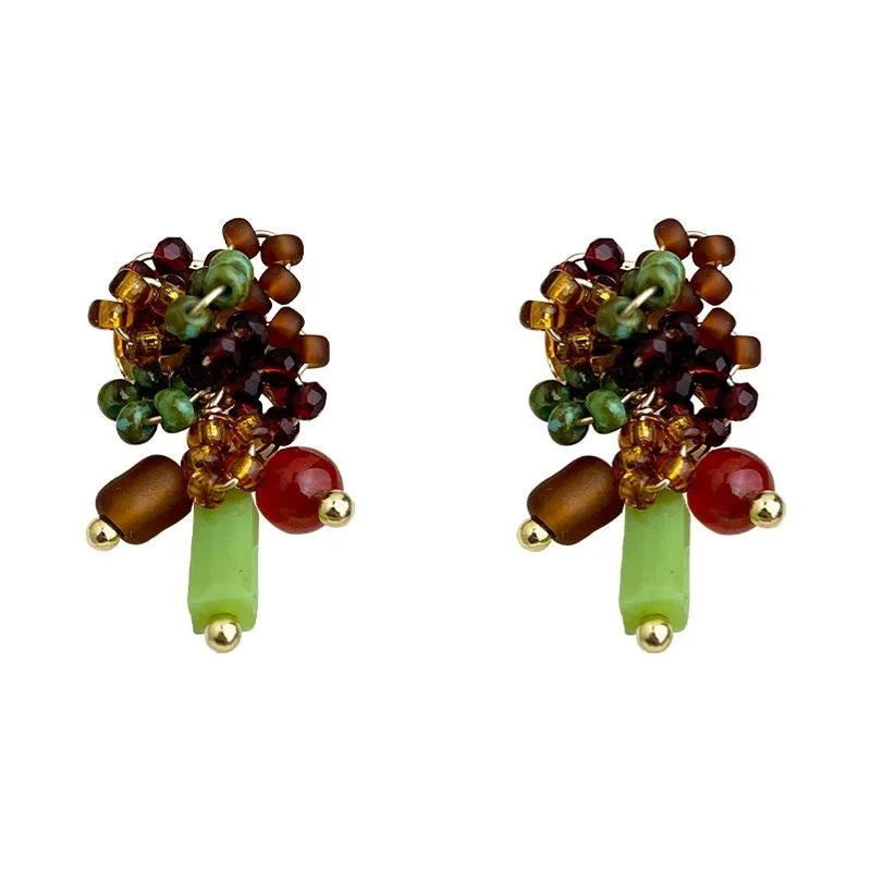 Boho Ethnic Floral Geometric Red Agate Glass Crystal Seed Bead Handwoven Drop Earrings