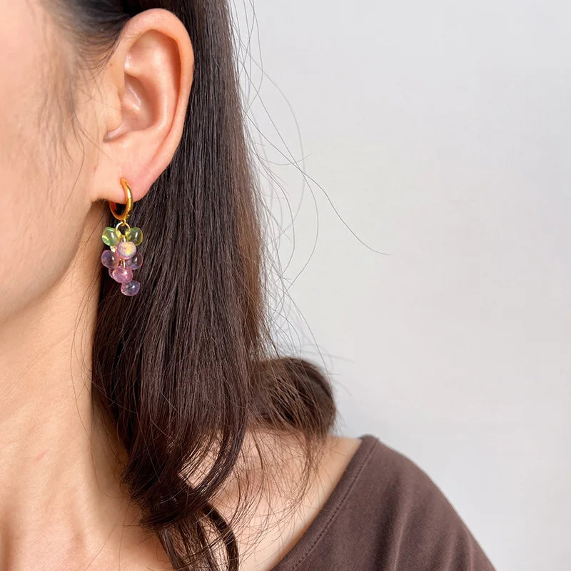 Elegant Forest Style Grape Cluster Crystal Bead Drop Stud & Clip On No Piercing Gold Alloy Hoop Earrings