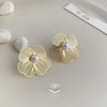 14K Gold Plated Copper Hollow Flower Pearl Drop Earrings For Women, Luxury Floral Style