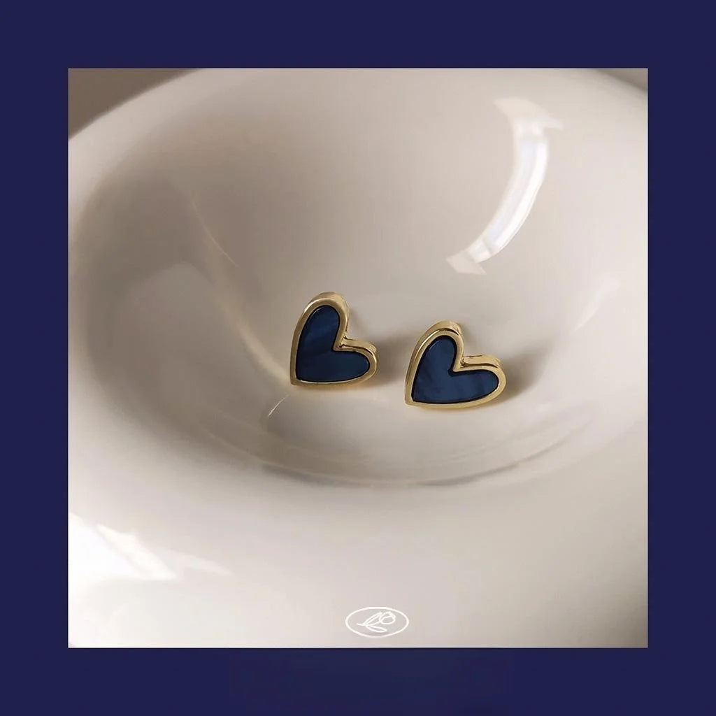Klein Blue Heart Stud Earrings Copper Silver Plated Pin Chic High-End Fashion Ear Jewelry