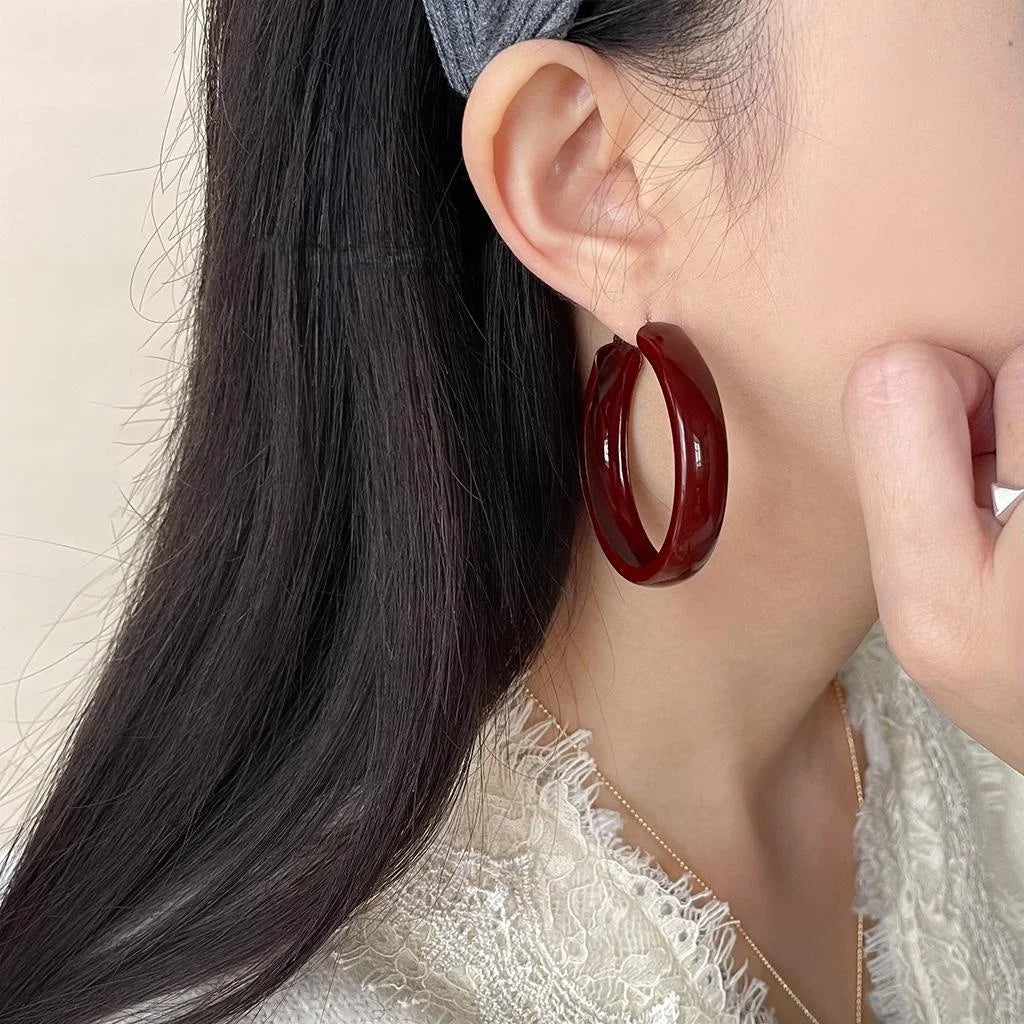 Red Enamel Metal Large Hoop Drop Earrings Geometric Round Retro Hong Kong Style Jewelry
