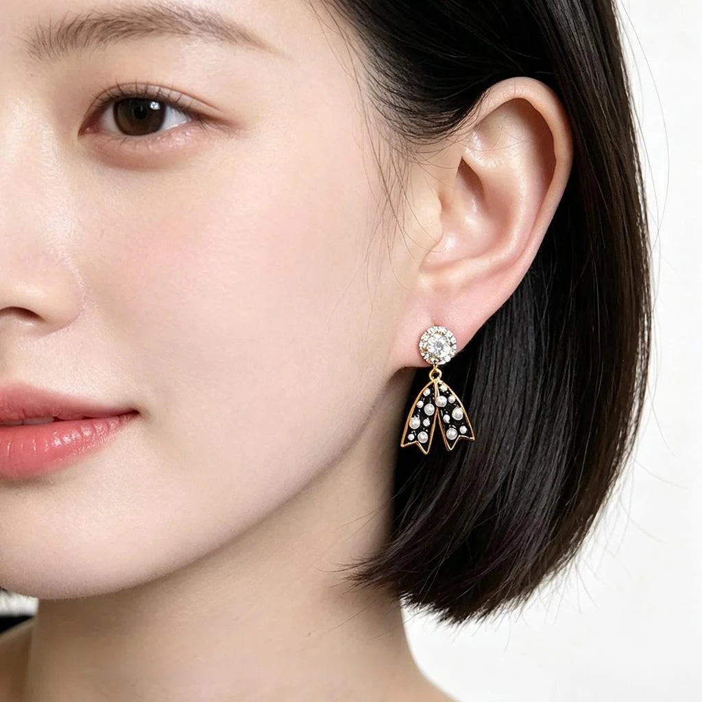 Cute Black Enamel Polka Dot Bow Drop Earrings Copper Micro Pave Zircon Fashion Jewelry