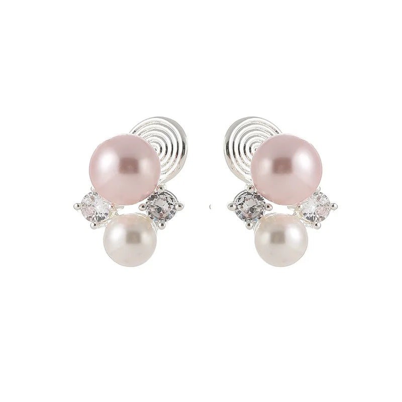 Elegant Pink Pearl Rhinestone Cluster Spiral Stud & Clip On No Piercing Korean Fashion Earrings