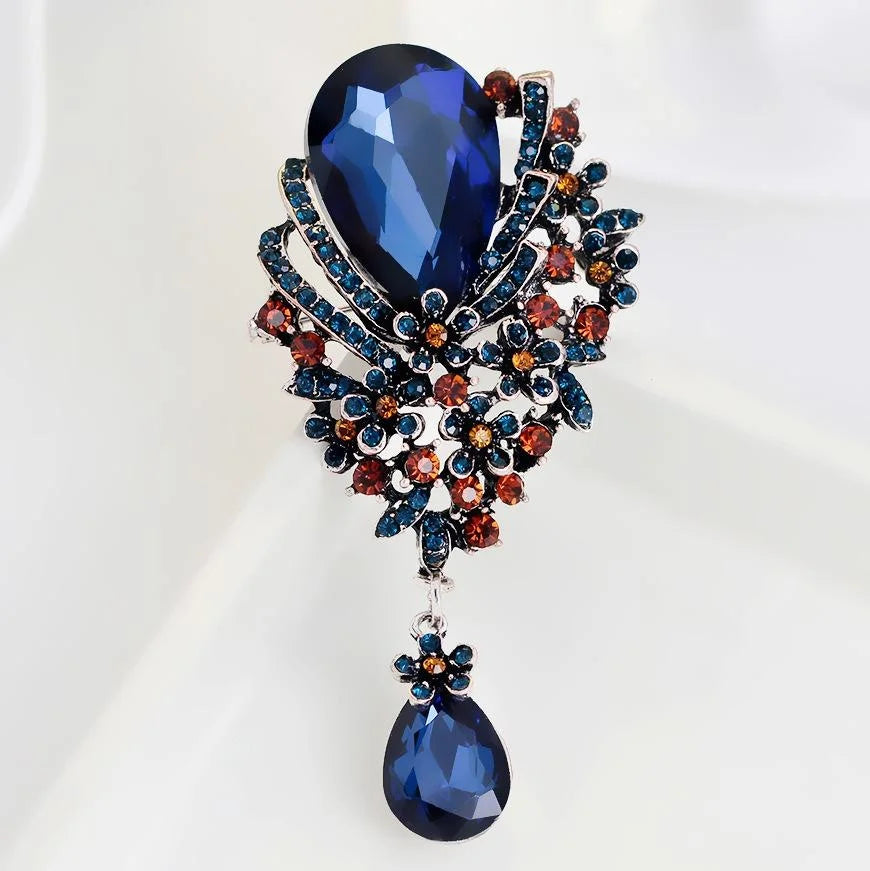Elegant Blue Teardrop Rhinestone Peacock Flower Alloy Brooch Pin With Glass Drop, Women's Lapel Corsage Gift