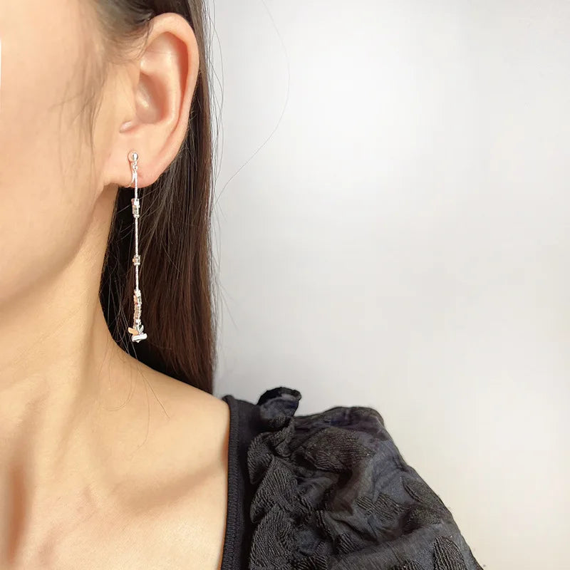 Elegant Silver Alloy Broken Silver Bead Long Chain Tassel Stud & Clip On No Piercing Women's Earrings