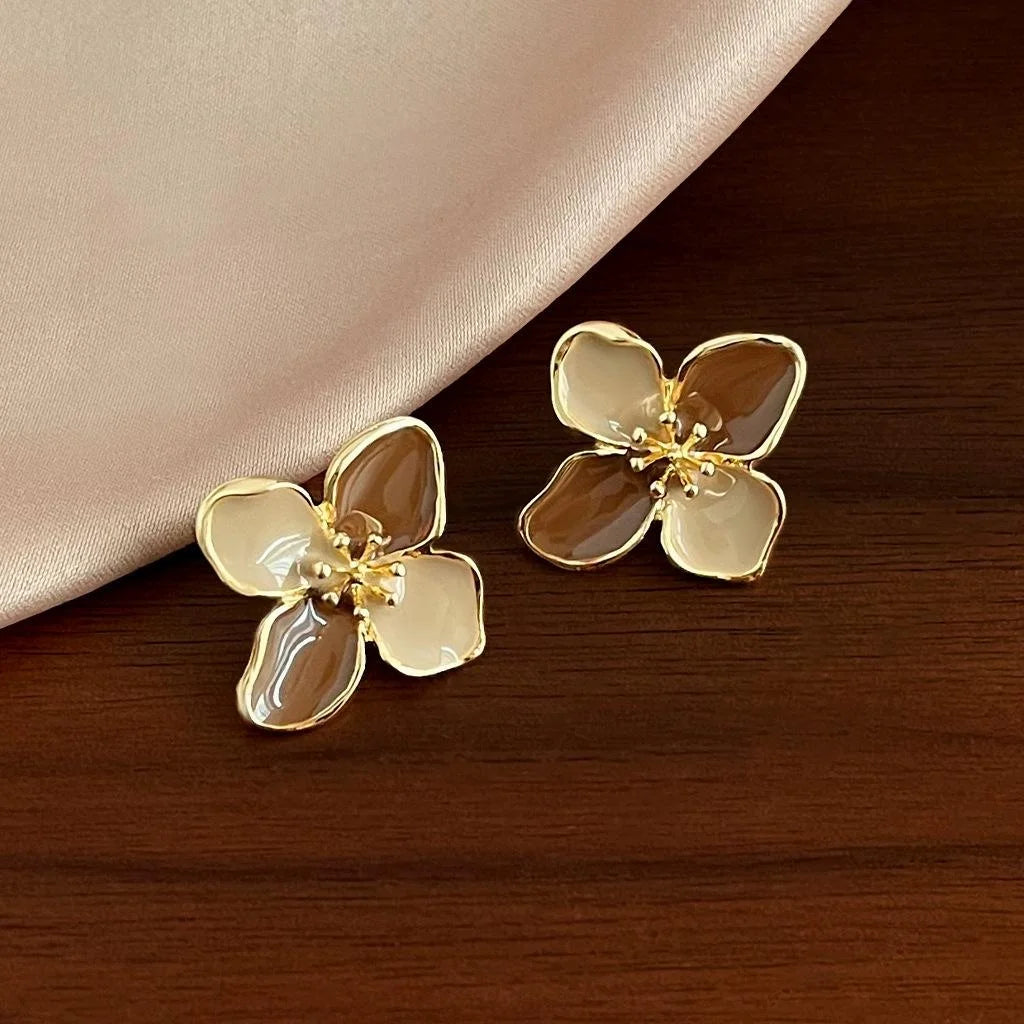 French Vintage Burgundy Enamel Flower Stud Earrings 14K Gold Plated Copper Fashion Jewelry
