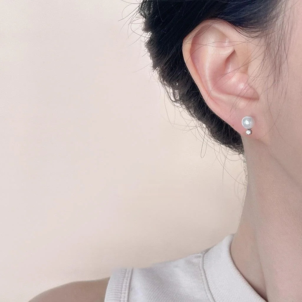 Mini Minimalist Micro Pave Zircon Glass Pearl Stud Earrings For Women Geometric Copper Jewelry