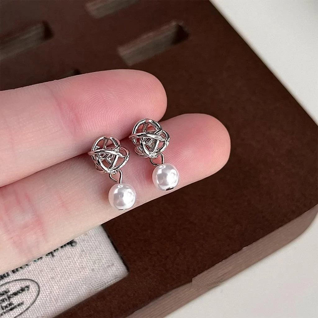 Irregular Geometric Wire Wrapped High Luster Pearl Drop Earrings, Handmade Hollow Versatile Style