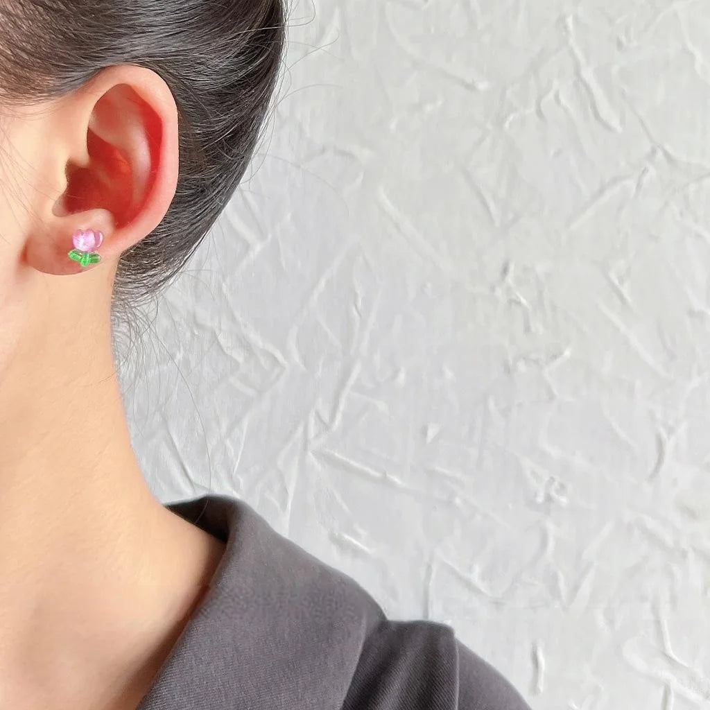 Sweet Peach Resin Mini Stud Earrings 3 Piece Silver Plated Pin Cute Fruit Petal Jewelry