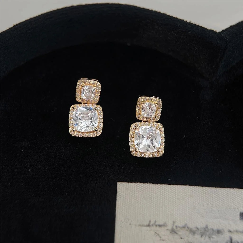 14K Plated Copper Zircon Geometric Square Stud Earrings Korean Minimalist Sparkly Jewelry