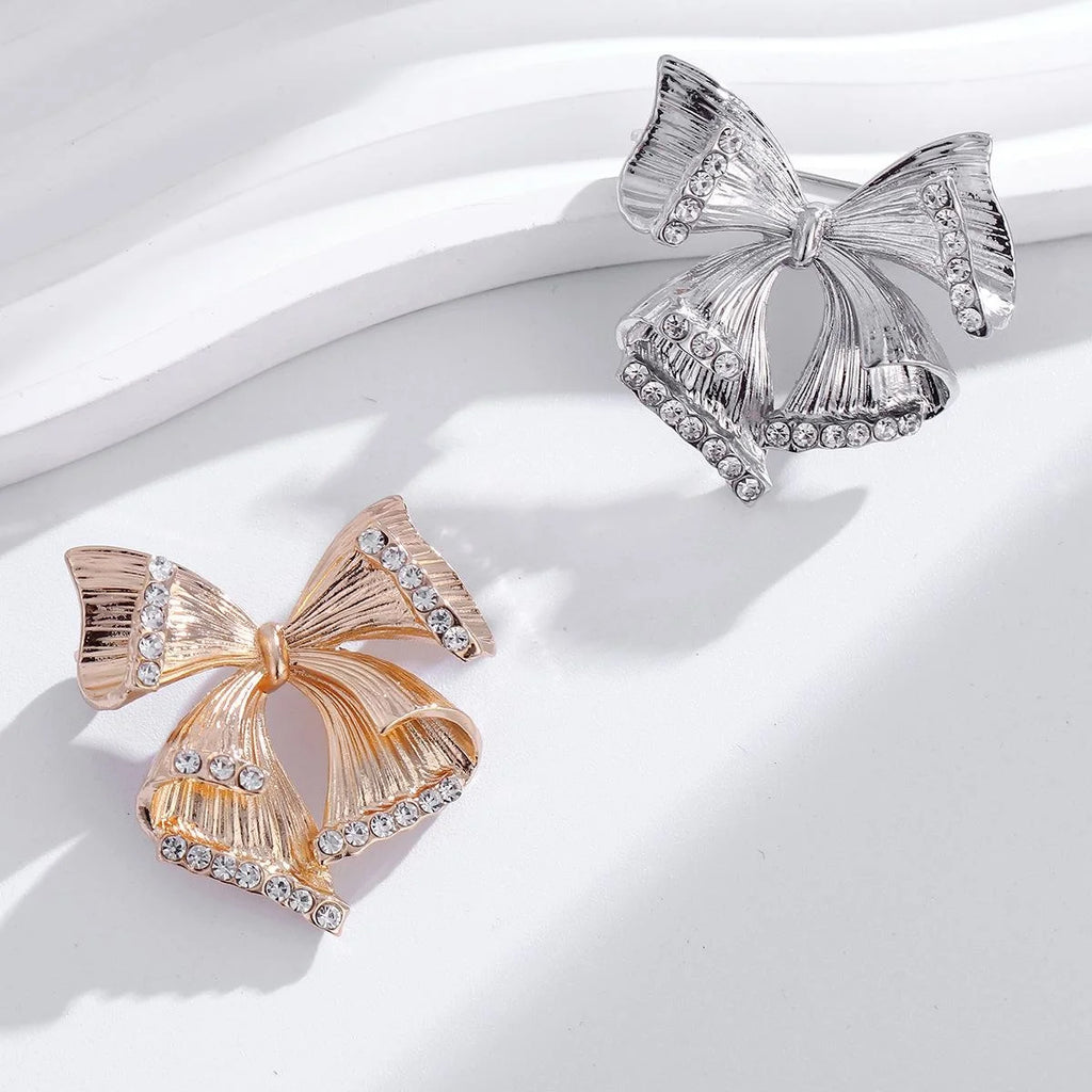 Elegant Silver Alloy Bow Brooch With Sparkling Rhinestones, Women's Lapel Pin Corsage Suit Accessory Gift