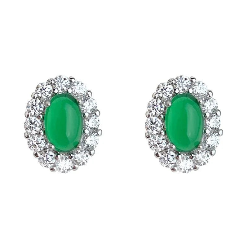 Light Luxury Oval Emerald Green Glass Zircon Micro Pave Copper Stud Earrings With Silver Plated Pins