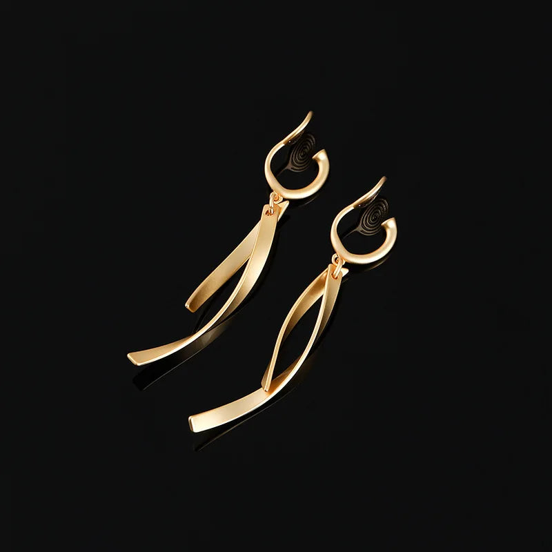 Elegant Matte Gold Alloy Cross Line Curved Bar Tassel Drop Stud & Clip On No Piercing Earrings