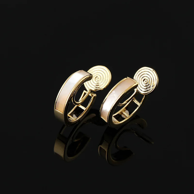 Elegant Gold Tone Spiral Disc Natural Shell Hoop Alloy Stud & Clip On No Piercing Small Huggie Earrings