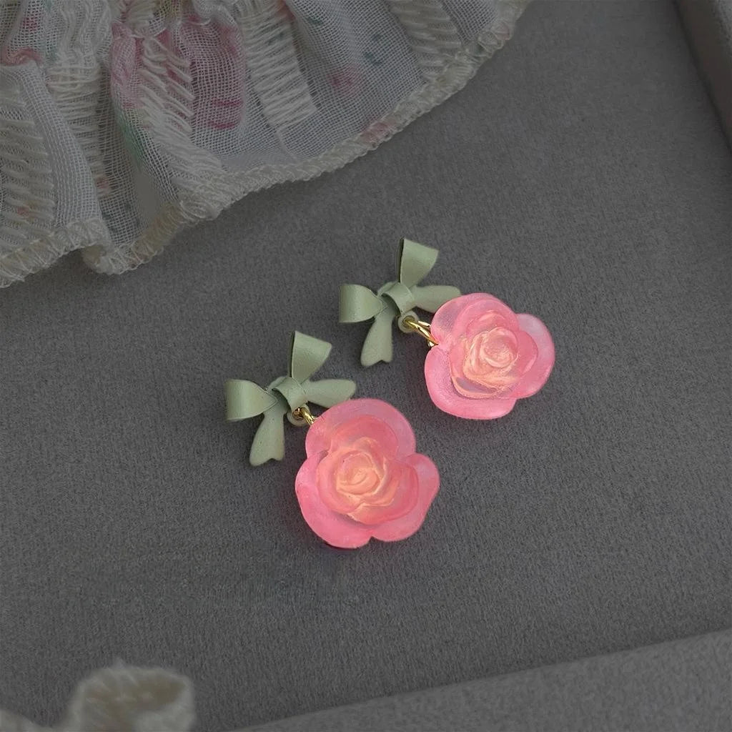 Sweet Frosted Rose Flower Enamel Bow Copper Stud Earrings Handmade Floral Jewelry