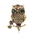 Vintage Gold Alloy Owl Brooch With Green Rhinestone Eyes, Elegant Animal Lapel Pin Suit Accessory Gift