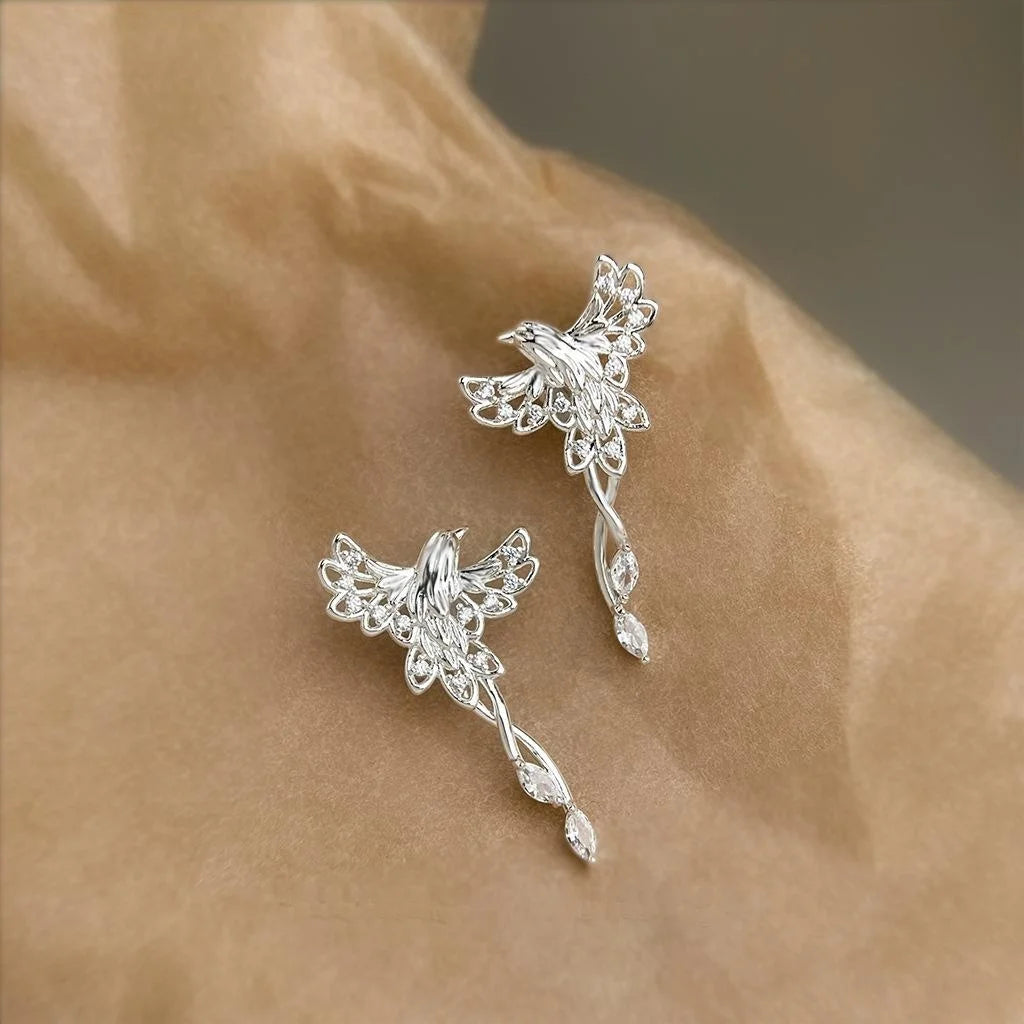 Light Luxury Zircon Phoenix Bird Drop Earrings Silver Plated Micro Pave Animal Jewelry