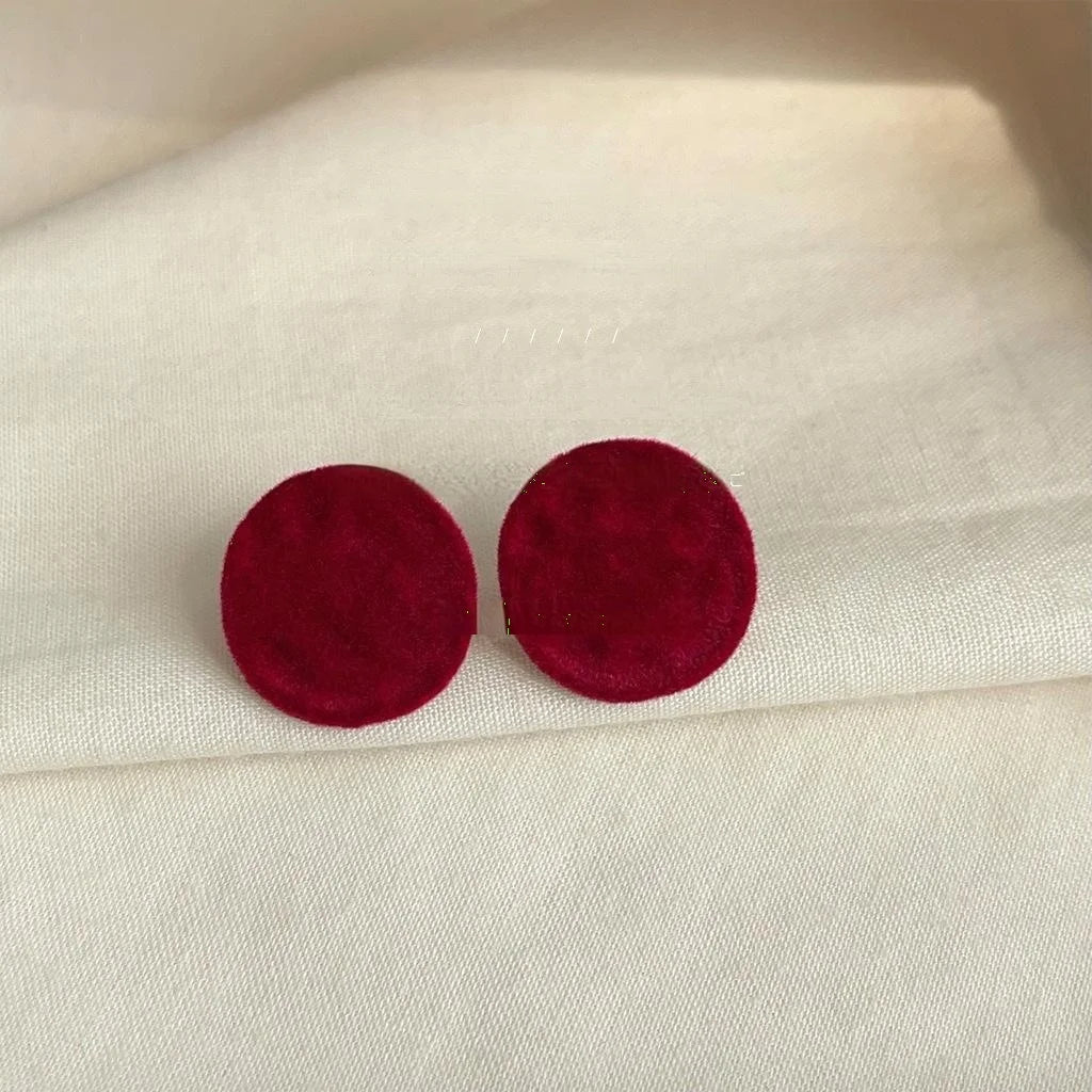 Vintage Hong Kong Style Burgundy Flocked Furry Curved Irregular Round Geometric Stud Earrings