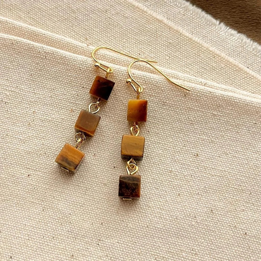 Handmade Vintage Tiger Eye Stone Irregular Geometric Square Tassel Drop Earrings