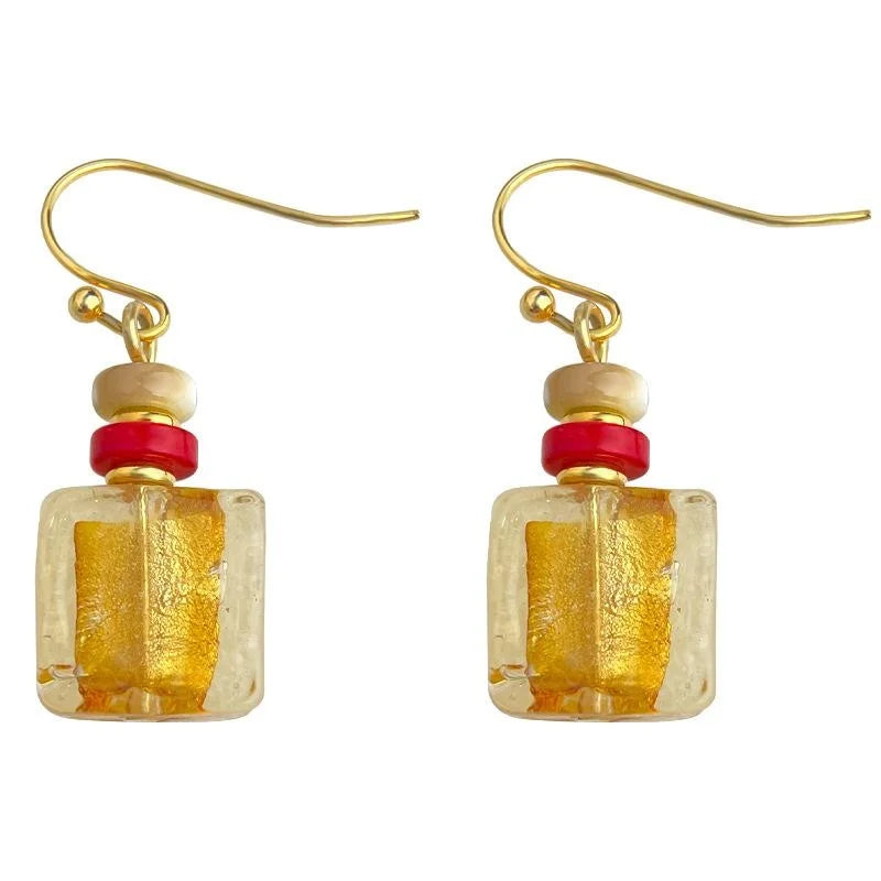 Handmade Vintage Chinese Style Copper Shell Glass Glaze Geometric Square Drop Earrings
