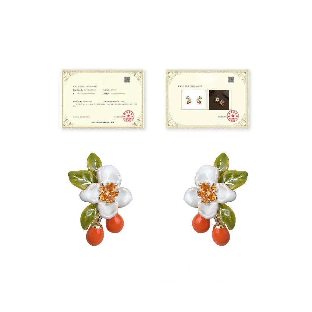 Pastoral Style Enamel Flower Stud Earrings Copper Zircon Silver Plated Designer Jewelry