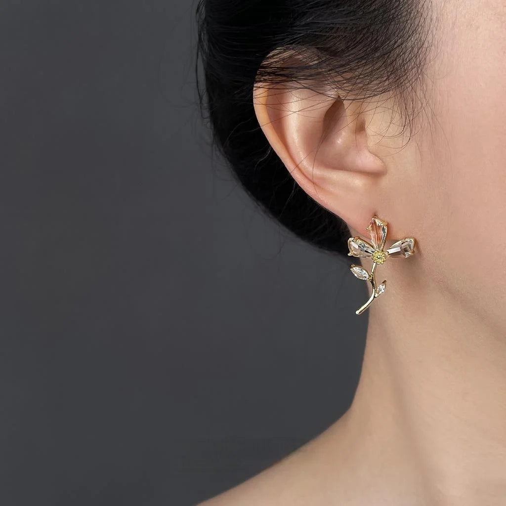 Sweet Floral Zircon Drop Earrings For Women Elegant Fashion Flower Jewelry