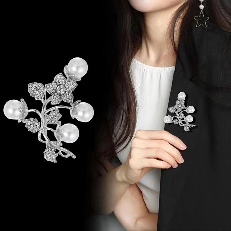Luxury Plum Blossom Pearl Rhinestone Brooch, Gold Tone Floral Branch Lapel Pin Corsage For Coat Gift