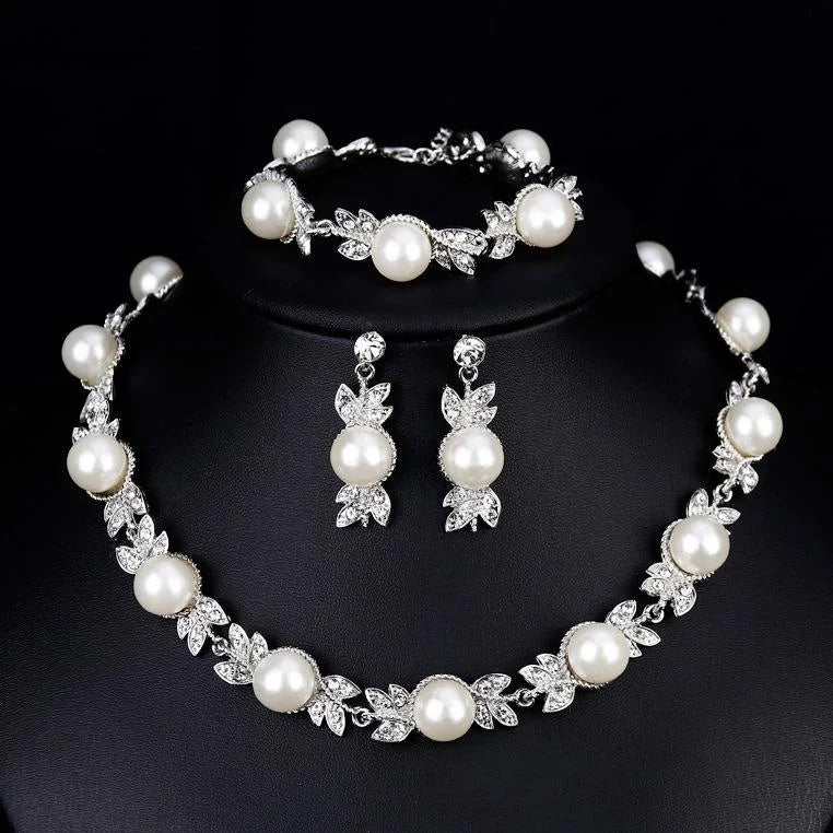 Elegant Bridal Pearl Rhinestone Leaf Earrings Necklace Bracelet Jewelry Set For Wedding Party Gift