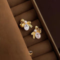Luxury Bowknot Geometric Zircon Silver Plated Copper Pearl Stud Earrings for Women