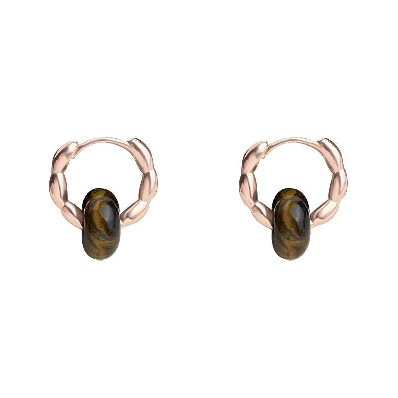 Rose Gold Plated Copper Natural Stone Stud Earrings French Vintage Round Tiger Eye Red Agate