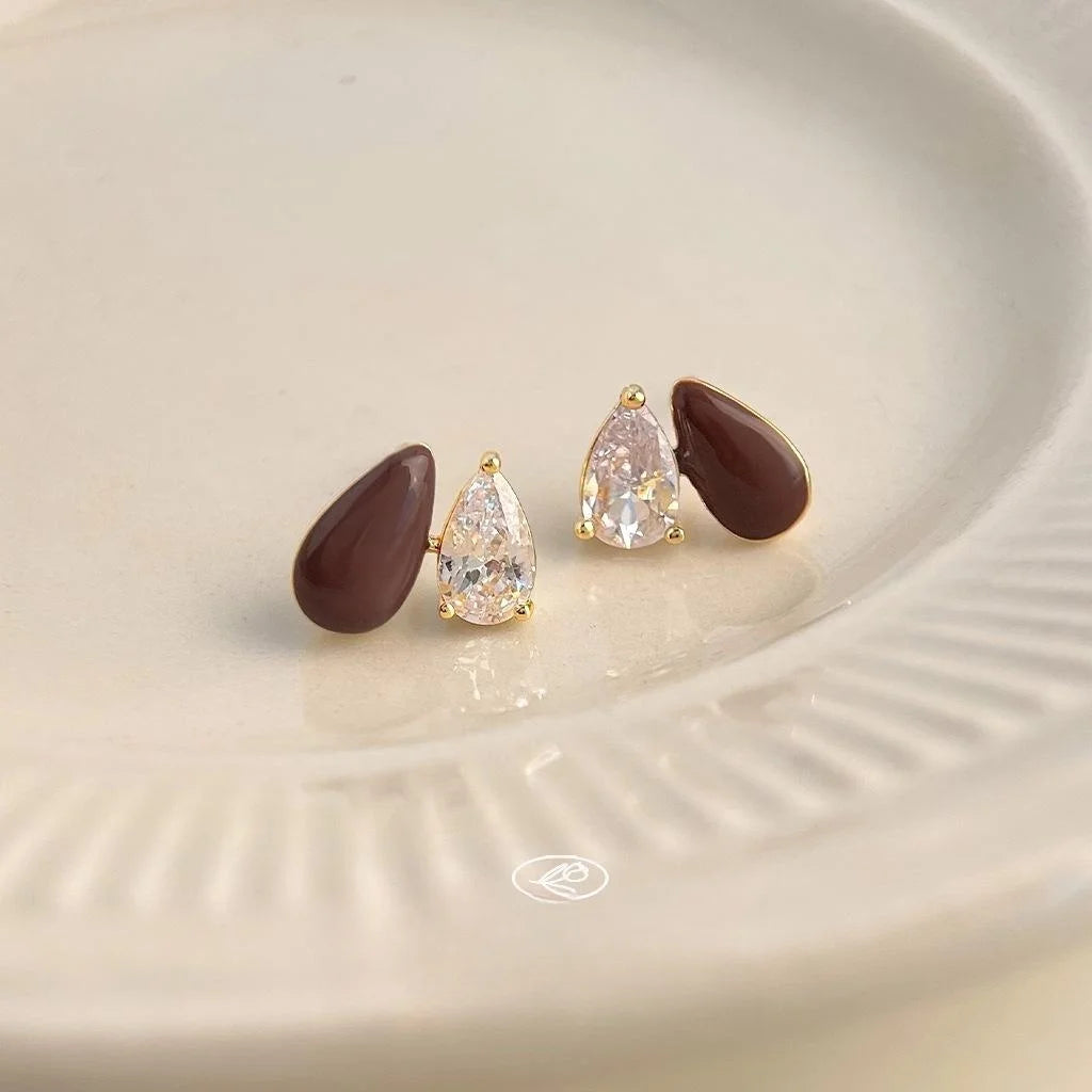 Minimalist Teardrop Zircon Copper Stud Earrings With 14K Plating And Enamel Drip Design