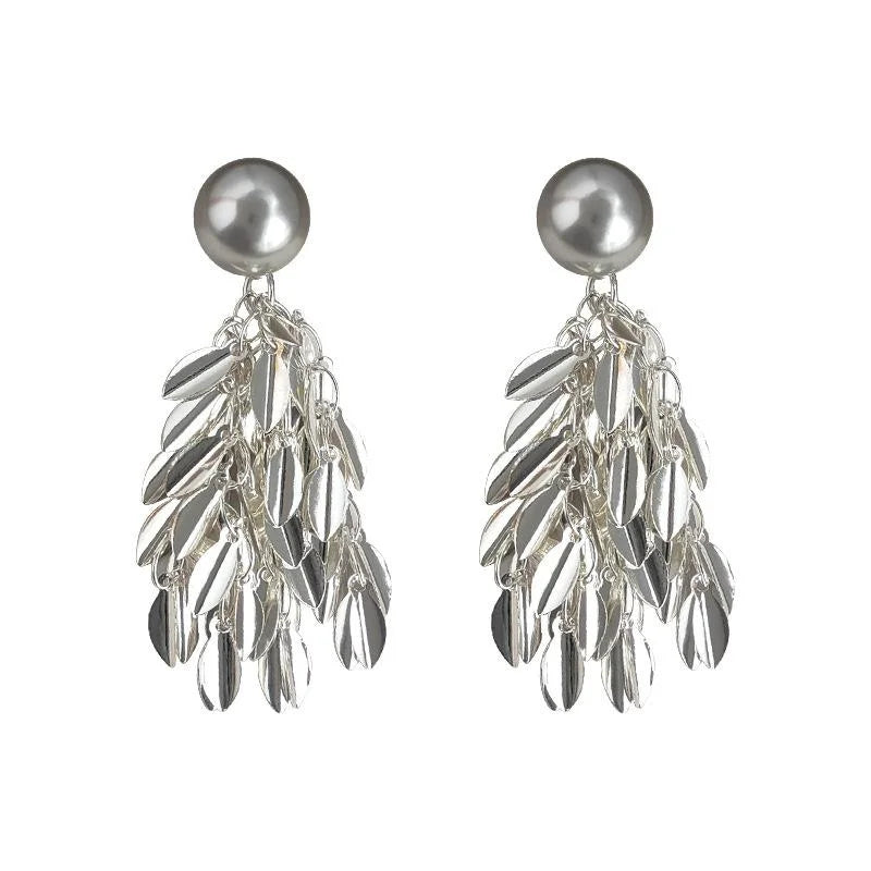 Two Way Shimmering Leaf Tassel Drop Earrings Copper Glass Pearl Light Luxury Jewelry