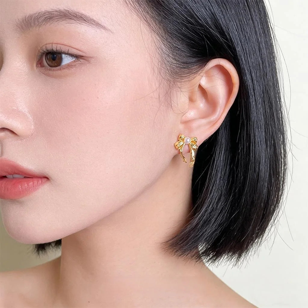 Elegant Copper Pearl Bow Stud Earrings, Sweet Minimalist Designer Office Jewelry