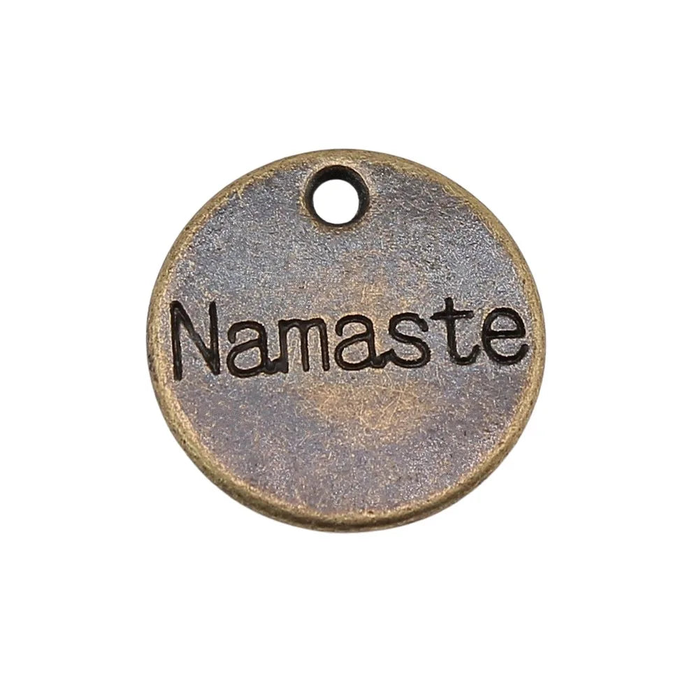15x15mm 1.35g Zinc Alloy Round Namaste Word Tag Letter Charm Pendant for DIY Yoga Theme Jewelry Making