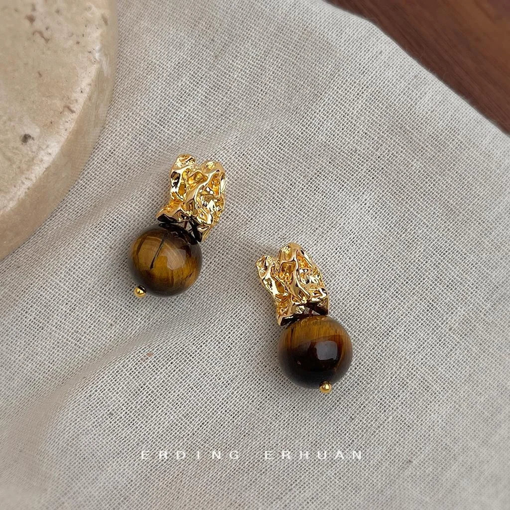 Vintage Maillard Tiger Eye Natural Stone Geometric Round Drop Earrings With Fluid Irregular Design
