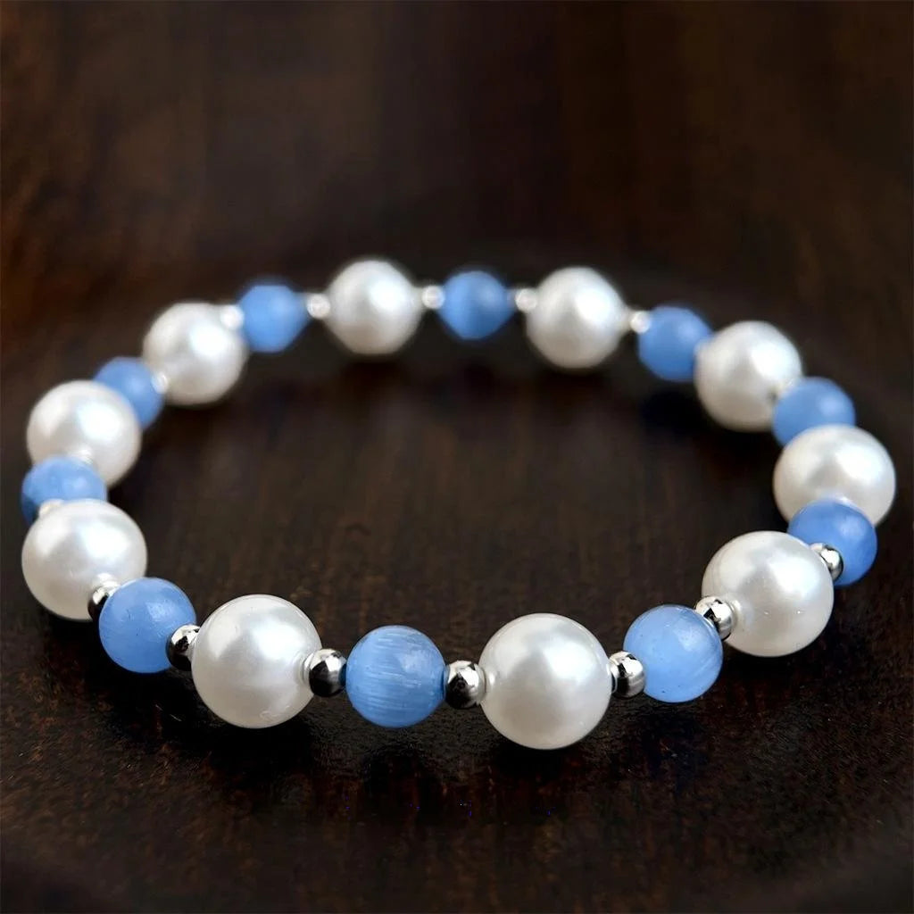 Glass Cat Eye Stone Crystal Bracelet With Glass Pearl Round Beads Fresh Sweet Summer Style