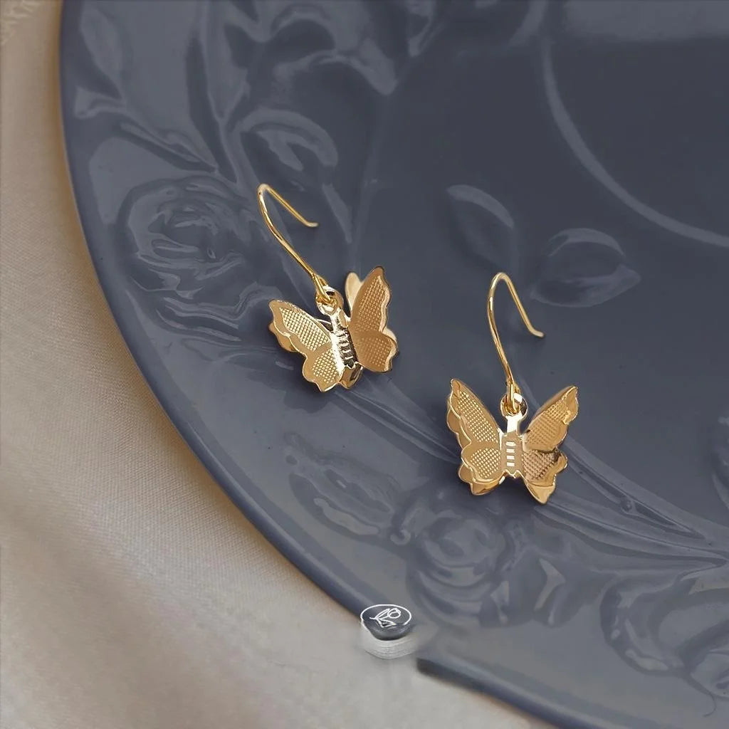 14K Gold Plated Copper 3D Butterfly Drop Earrings, Forest Style Elegant Designer Jewelry