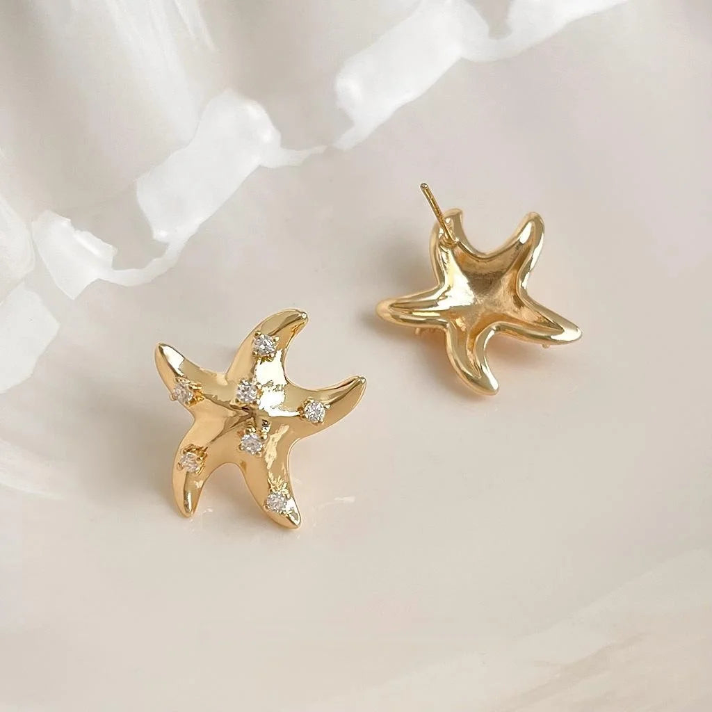 14K Gold Plated Copper Starfish Stud Earrings With Micro Pave Zircon Ocean Luxury Style