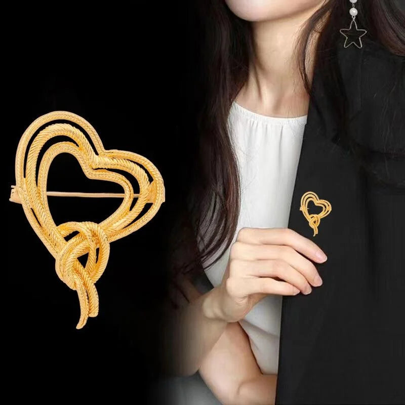 Elegant Gold Alloy Heart Bow Tassel Brooch For Women, Luxury Lapel Pin Sweater Corsage Suit Accessory Gift
