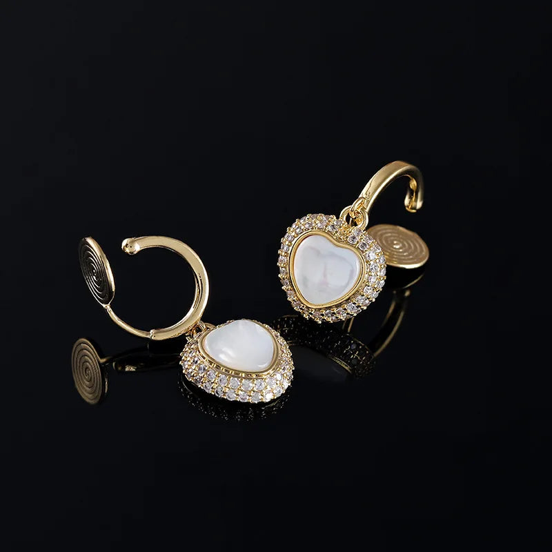 Elegant Heart Shell Pearl Zircon Stud & Clip On No Piercing Luxury Gold Alloy Drop Earrings