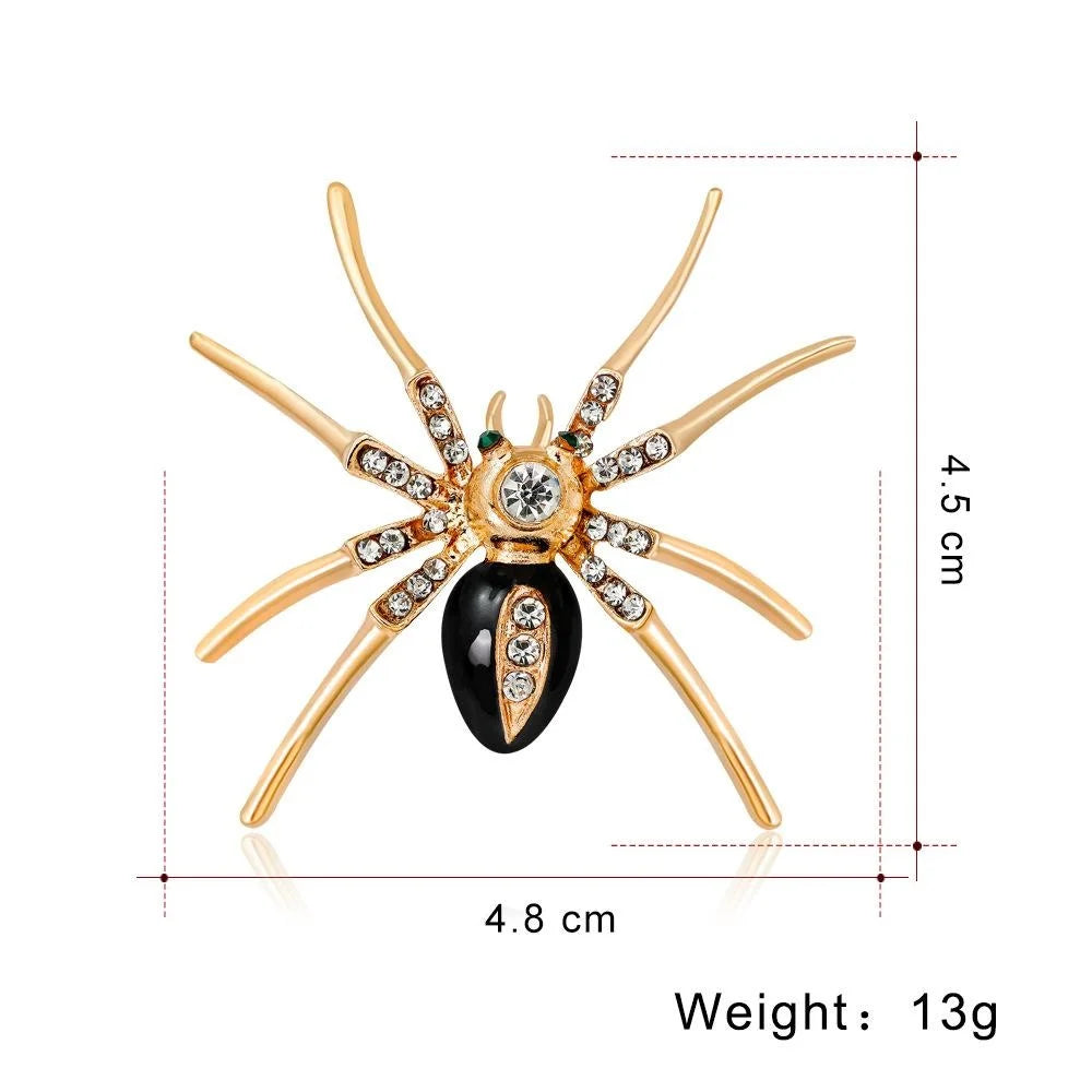 Luxury Gold Alloy Spider Brooch With Red Enamel And Rhinestones, Elegant Women's Lapel Pin Suit Accessory