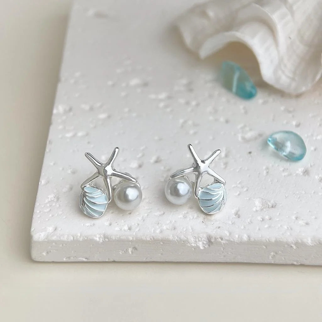 Fresh Sweet Ocean Style Copper Stud Earrings With Pearl Shell Starfish Silver Plated Posts