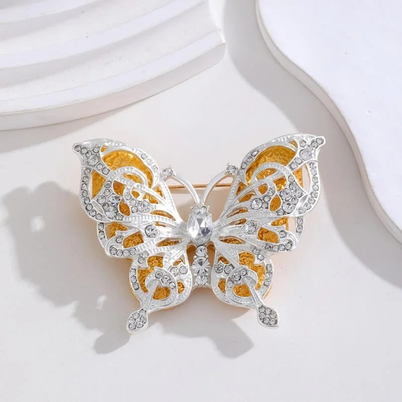 Elegant Double Layer Butterfly Brooch With White Rhinestones And Gold Enamel, Luxury Lapel Pin Corsage Gift