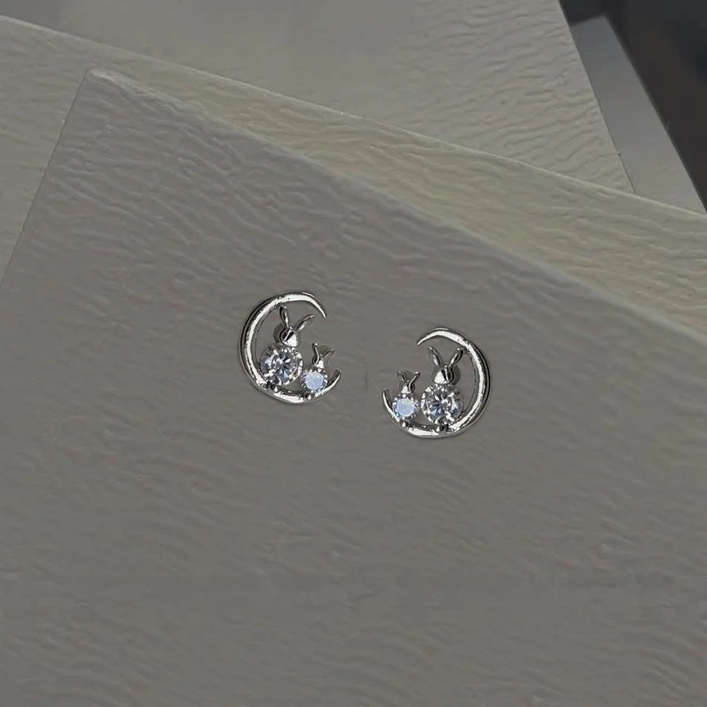 Cute Mini Moon Rabbit Micro Pave Zircon Stud Earrings Silver Tone Copper Sweet Cool Animal Jewelry