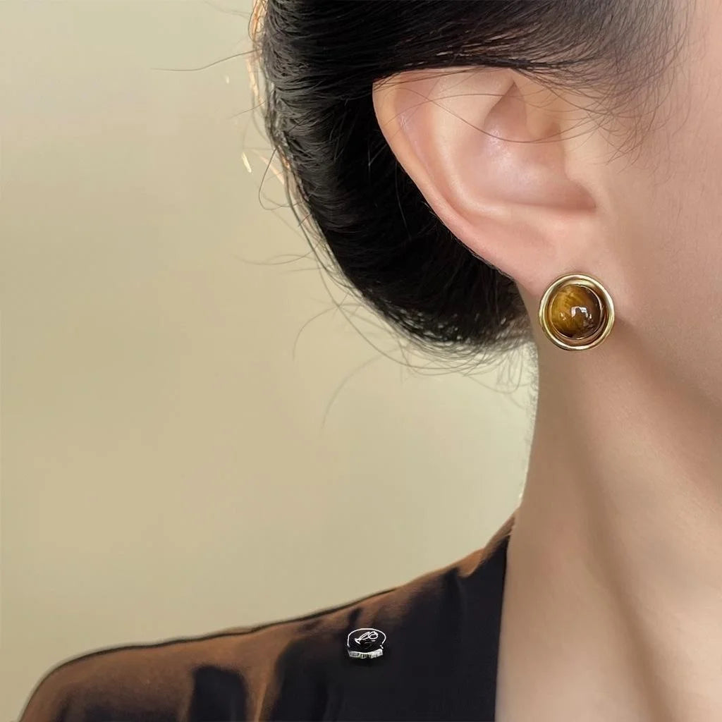 Natural Tiger Eye Stone Round Geometric Line Stud Earrings Vintage Maillard Style Jewelry