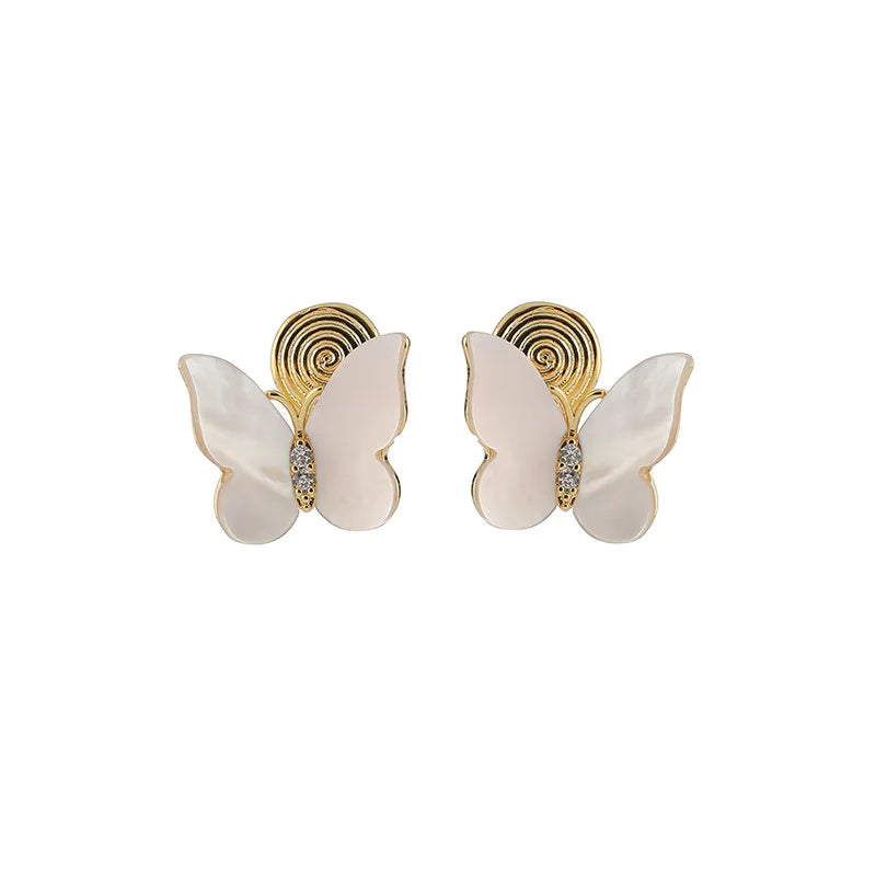 Elegant Natural Shell Butterfly Zircon Stud & Clip On No Piercing Light Luxury Women's Earrings